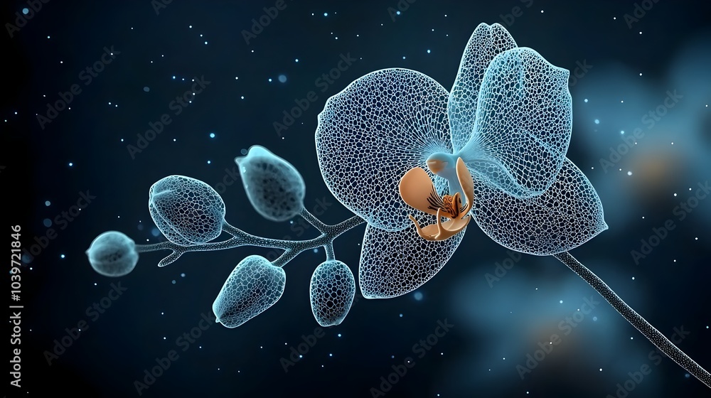 Aufkleber Glowing mesh fractals creating a captivating digital art piece that showcases the intricate symmetry and delicate beauty of a blooming orchid  This futuristic abstract visualization features dynamic