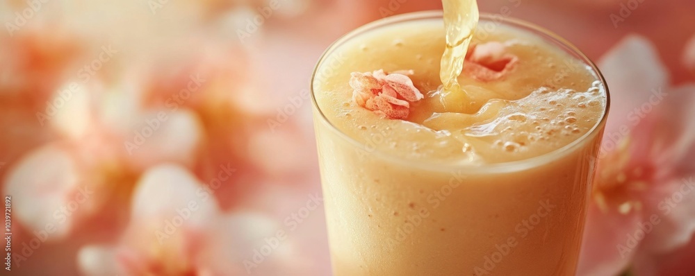 Poster refreshing and creamy smoothie in pastel tones being poured into a glass with soft shadows creating 