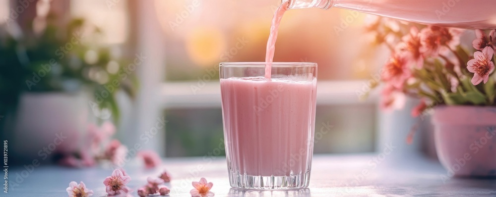 Poster smoothie being poured into a transparent glass with soft shadows and pastel tones creating a calm an