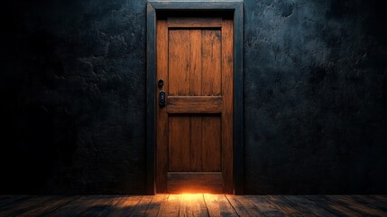 A wooden door, surrounded by darkness.