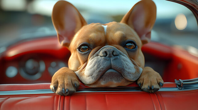 Fototapeta French Bulldog in a Car - Realistic Photo