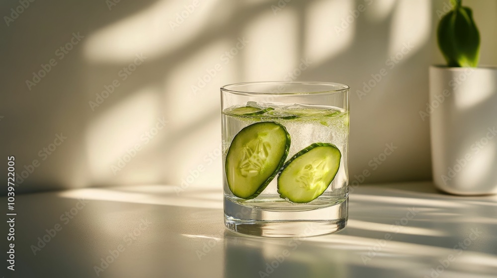 Poster a shot of fresh and healthy cucumber water in a transparent glass placed on a clean white table with