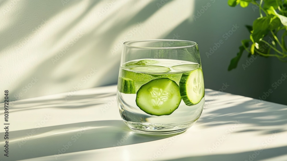 Poster closeup shot of a transparent glass filled with refreshing cucumber water placed on a clean white ta