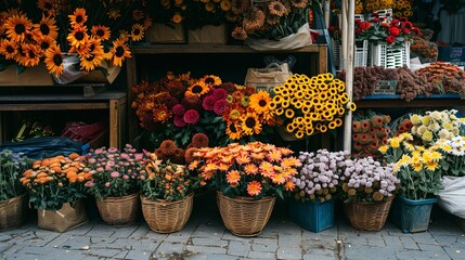 Fototapeta premium Outdoor market stall selling fall flowers, like chrysanthemums, sunflowers,...