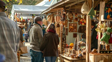 People browsing a local artisan market with handmade crafts, fall-themed...