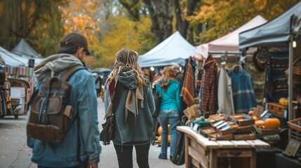 People browsing a local artisan market with handmade crafts, fall-themed...