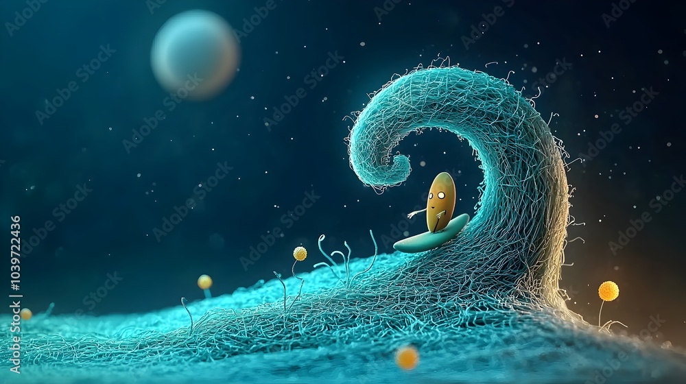 Aufkleber Glowing mesh like lines on a futuristic surfboard cutting through a neon hued wave under the serene glow of the moonlit night sky  This digital evokes a sense of dynamic energy and ethereal beauty