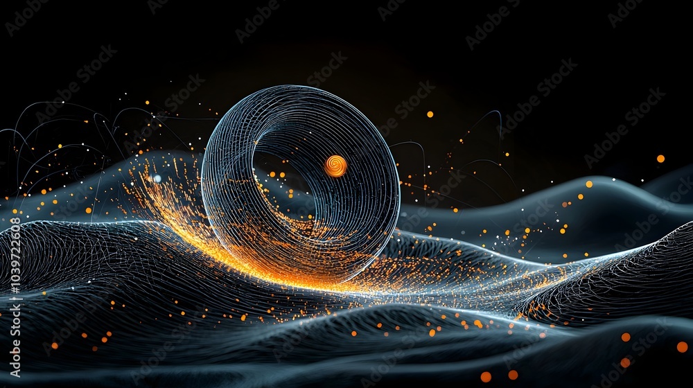 Aufkleber Glowing mesh like waves depicting the dynamic energy and rhythmic pulse of a tribal drumming circle performance  The abstract futuristic artwork showcases a modern