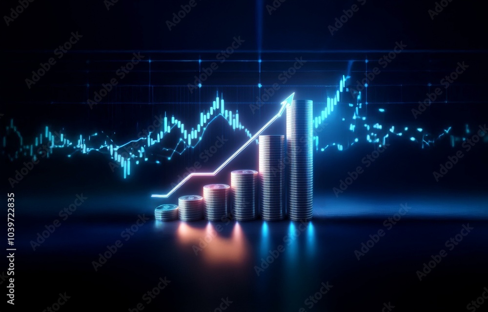 Poster a stack of coins against a dark background with a blue and pink graph behind them and an arrow point