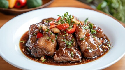 A plate of delicious braised pork with peanuts, chili, and herbs on a wooden table.