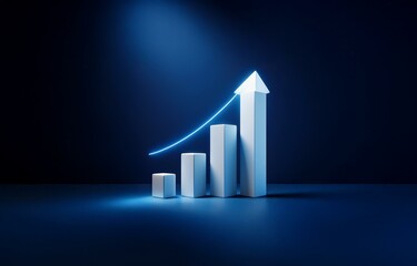 A white, glowing arrow pointing up, representing growth, is positioned above a bar graph with blue highlights against a dark blue backdrop.