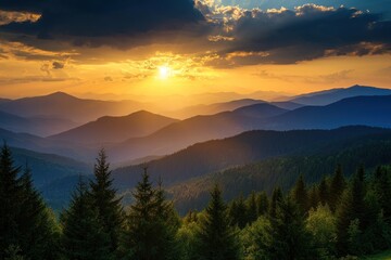 Obraz premium Sunset over mountain range with dark clouds and forested hills Generative AI