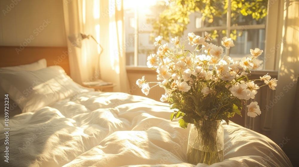 Wall mural warm sunlit bedroom with plush bedding and a vase of fresh flowers, creating a peaceful and welcomin