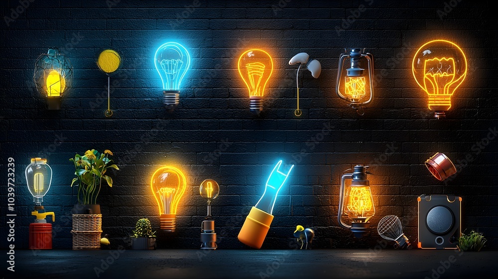 Poster glowing mesh line icons depicting various everyday objects with vibrant neon outlines creating a mod