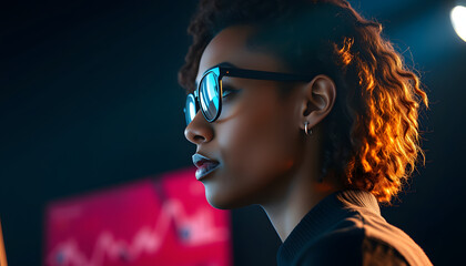 Side view shot of young focused female African American software developer in glasses isolated with white highlights, png