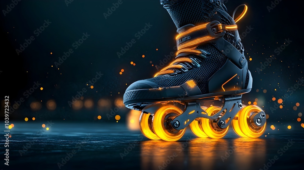 Fototapete glowing mesh line roller skates with neon wheels creating dynamic light streaks and blurred movement