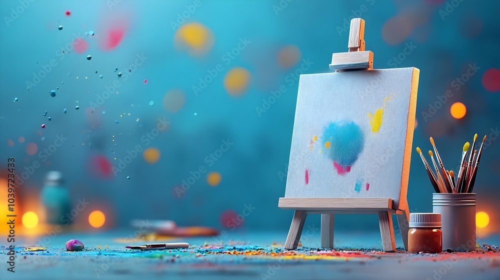 Poster glowing mesh line painting easel with luminous canvas and vibrant paint palette a conceptual and min