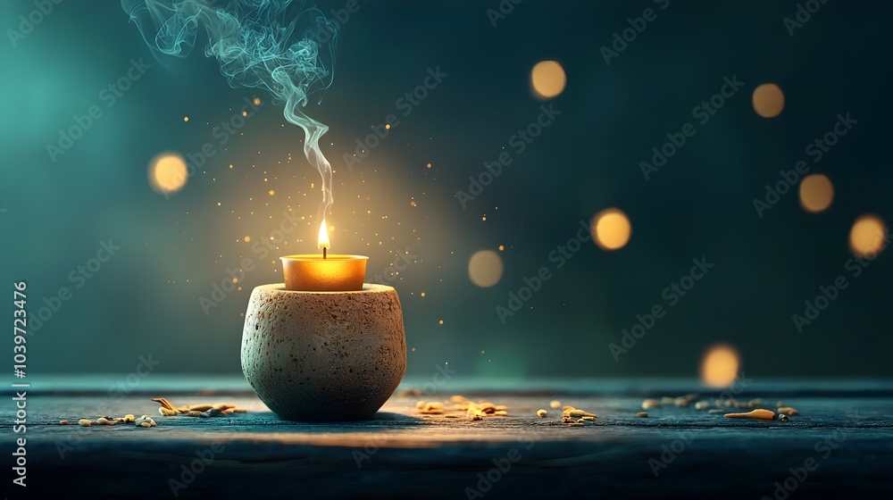 Poster Glowing mesh line spiral design representing the swirling movement of incense smoke within a spiritual shrine or temple setting  The abstract geometric pattern creates a visually striking serene