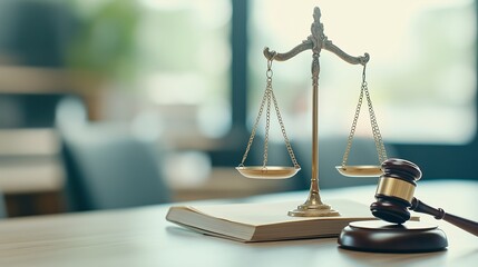 Justice Scales and Gavel:  A close-up shot of a judge's gavel and scales of justice resting on a law book, symbolizing legal proceedings, fairness, and the pursuit of justice.