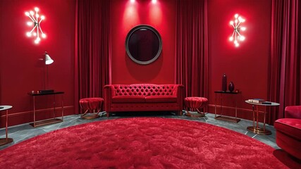A stylish living room showcases vivid red decor, including cozy seating, warm lighting, and a circular rug, creating a bold yet inviting atmosphere.