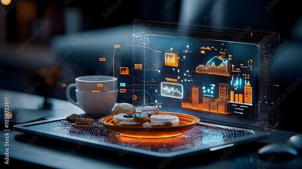 Poster glowing mesh lines artfully outlining a morning breakfast tray placed on a cozy bed creating a seren