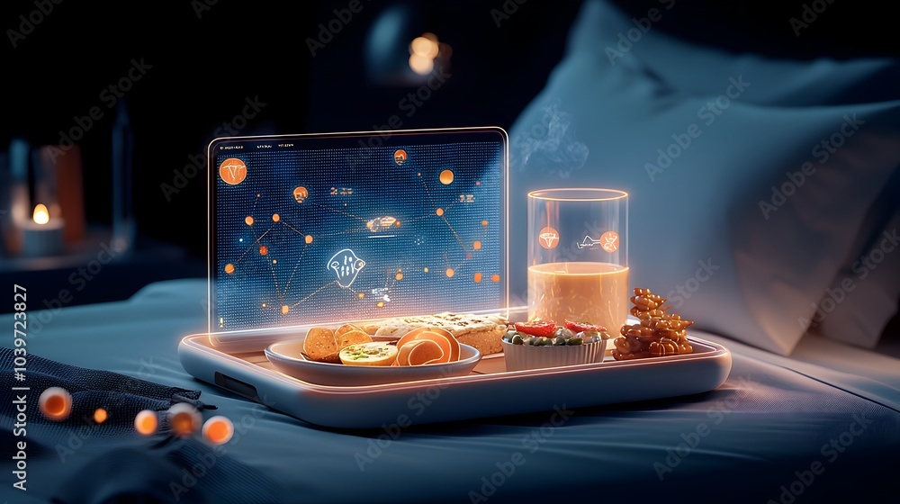Fototapete glowing mesh lines artfully outlining an elegant morning breakfast tray placed on a cozy bed creatin