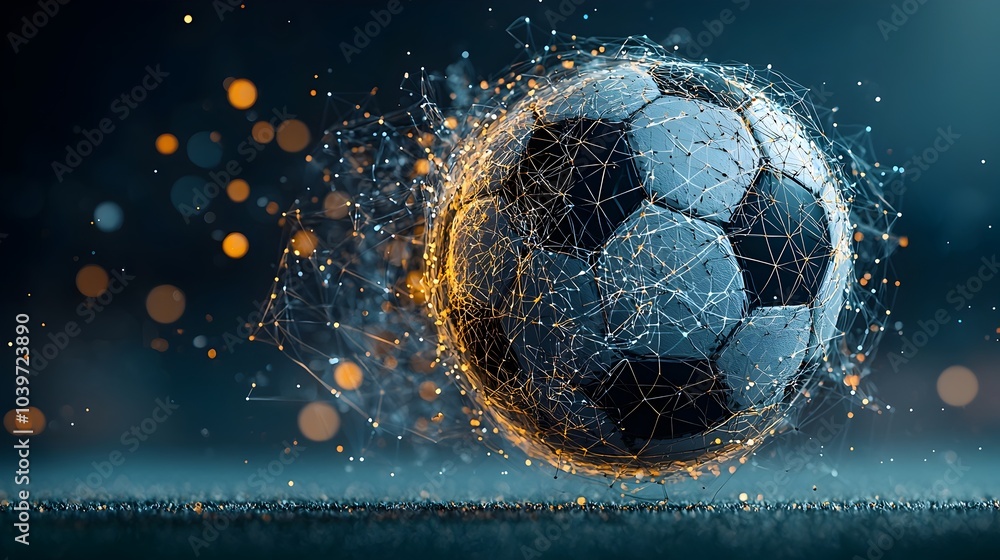 Aufkleber glowing mesh lined soccer ball soaring through the air with luminous trails following its trajectory