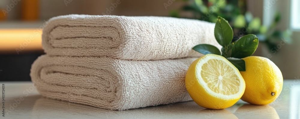 Poster a tranquil and serene spa inspired composition featuring a neatly folded beige towel with fresh vibr