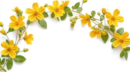 Obraz premium Yellow flowers with green leaves in a semi-circle pattern on a white background, forming a natural floral frame