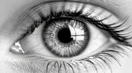 Obraz premium A tight shot of an eye, its iris mirroring a building's architecture