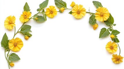 Obraz premium Yellow flowers with green leaves in a semi-circle pattern on a white background, forming a natural floral frame