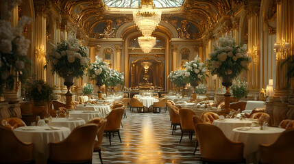 Elegant Restaurant Interior with White Flowers and Chandelier - Realistic Image