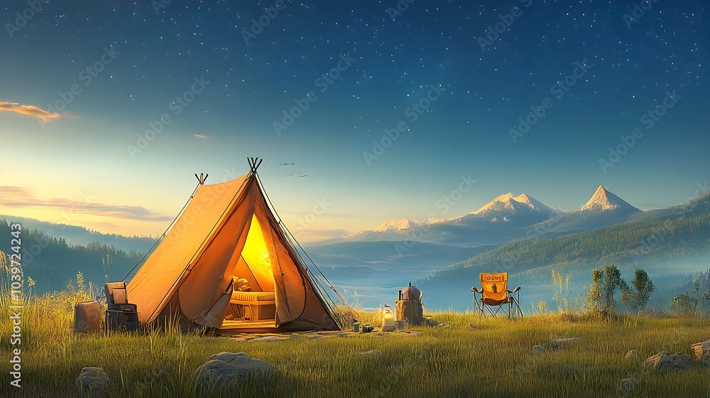 Aufkleber glowing mesh lines create a captivating depiction of a starry night sky above a tranquil campsite wi