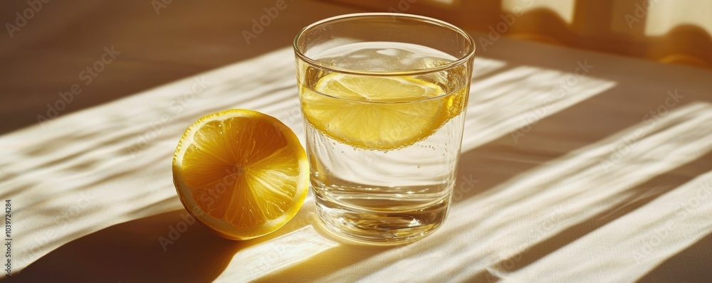Poster glass of lemon water placed on a sunlit surface with a clean minimalist background and soft shadows 
