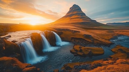 Scenic sunrise over kirkjufellsfoss waterfall and kirkjufell mountain in icelandic countryside with lush green pastures and farm fields, highlighting majestic natural beauty and tranquil farming lands