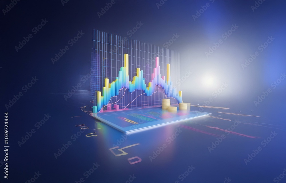 Poster a blue, 3d bar graph with a pink and yellow line graph on top.