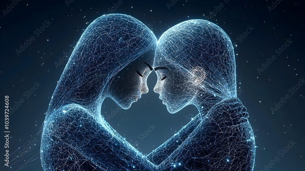 Leinwandbilder glowing mesh lines create the outline of two friends hugging in a surreal futuristic digital embrace