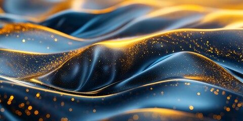 Abstract background with golden and blue wave patterns, flowing liquid shapes.