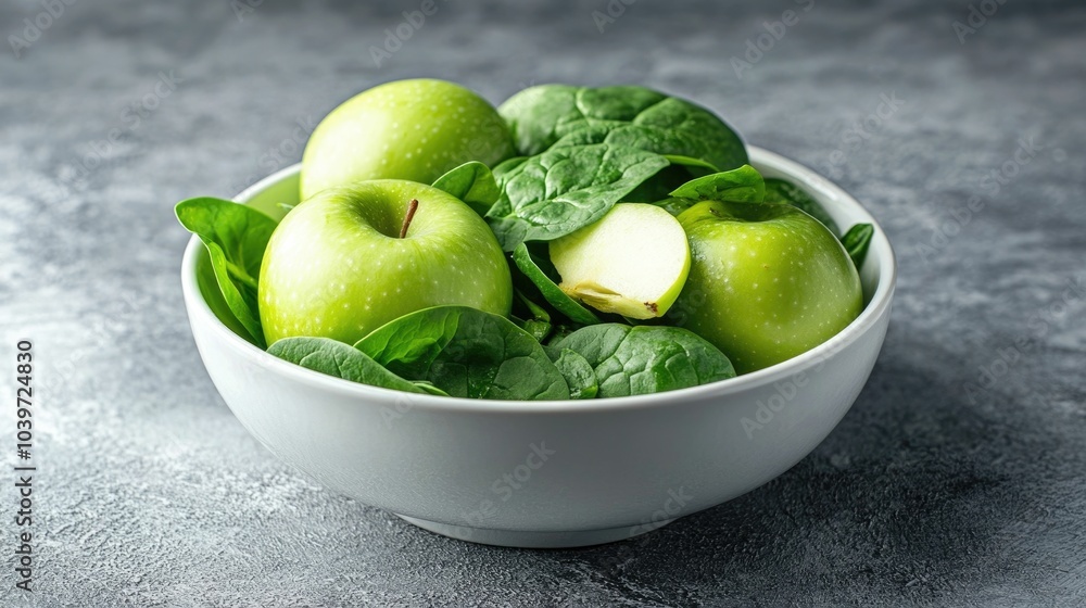 Poster freshly picked green apples and crisp spinach leaves arranged in a clean white bowl with soft diffus