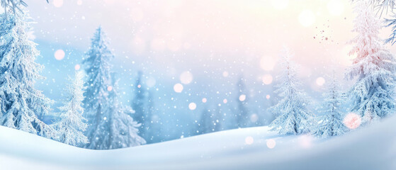 Enchanting Winter Wonderland, a serene snowy landscape adorned with festive decorations, capturing the essence of Christmas cheer and tranquility.