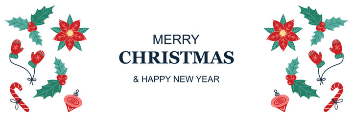 Horizontal merry Christmas banner with floral pattern and decorations. Greeting card on white background. Christmas and New Year. Vector illustration.