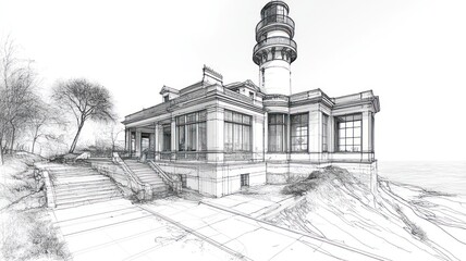 Fototapeta premium A sketched lighthouse building near the shore.