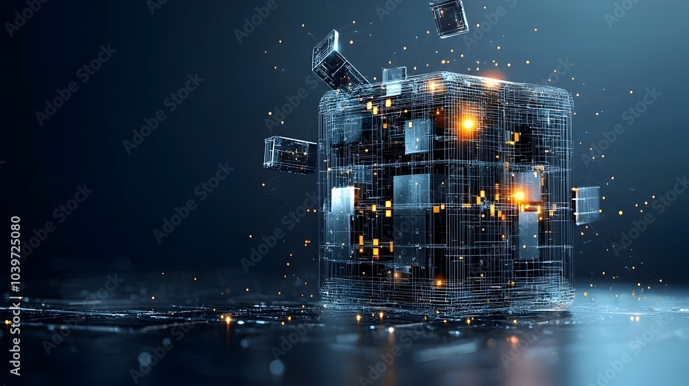 Leinwandbilder glowing mesh lines form a futuristic wireframe cube with vibrant edges and a sleek modern digital ba