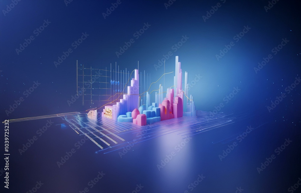 Aufkleber a 3d render of a city-like landscape constructed from abstract geometric shapes. the city is set aga