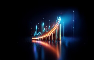 Obraz premium A glowing graph line with stacked gold coins in front of a dark blue background with a reflection.