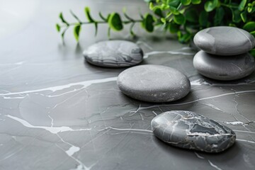 Beautiful composition with spa stones on grey marble table