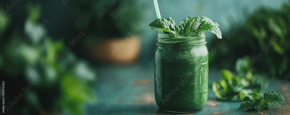 Poster closeup of a refreshing green vegetable smoothie in a simple glass container featuring a vibrant yet