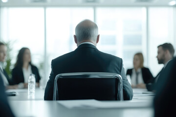 Executive mentor addressing leadership team in a modern boardroom, sharing insights and strategies for effective management and collaboration