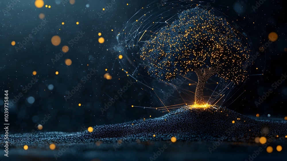 Poster glowing mesh lines forming the silhouette of a tree with blossoming flowers creating a futuristic an