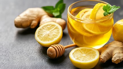 A glass of lemon tea next to sliced lemons, ginger, and a ginger stick on a clean gray surface